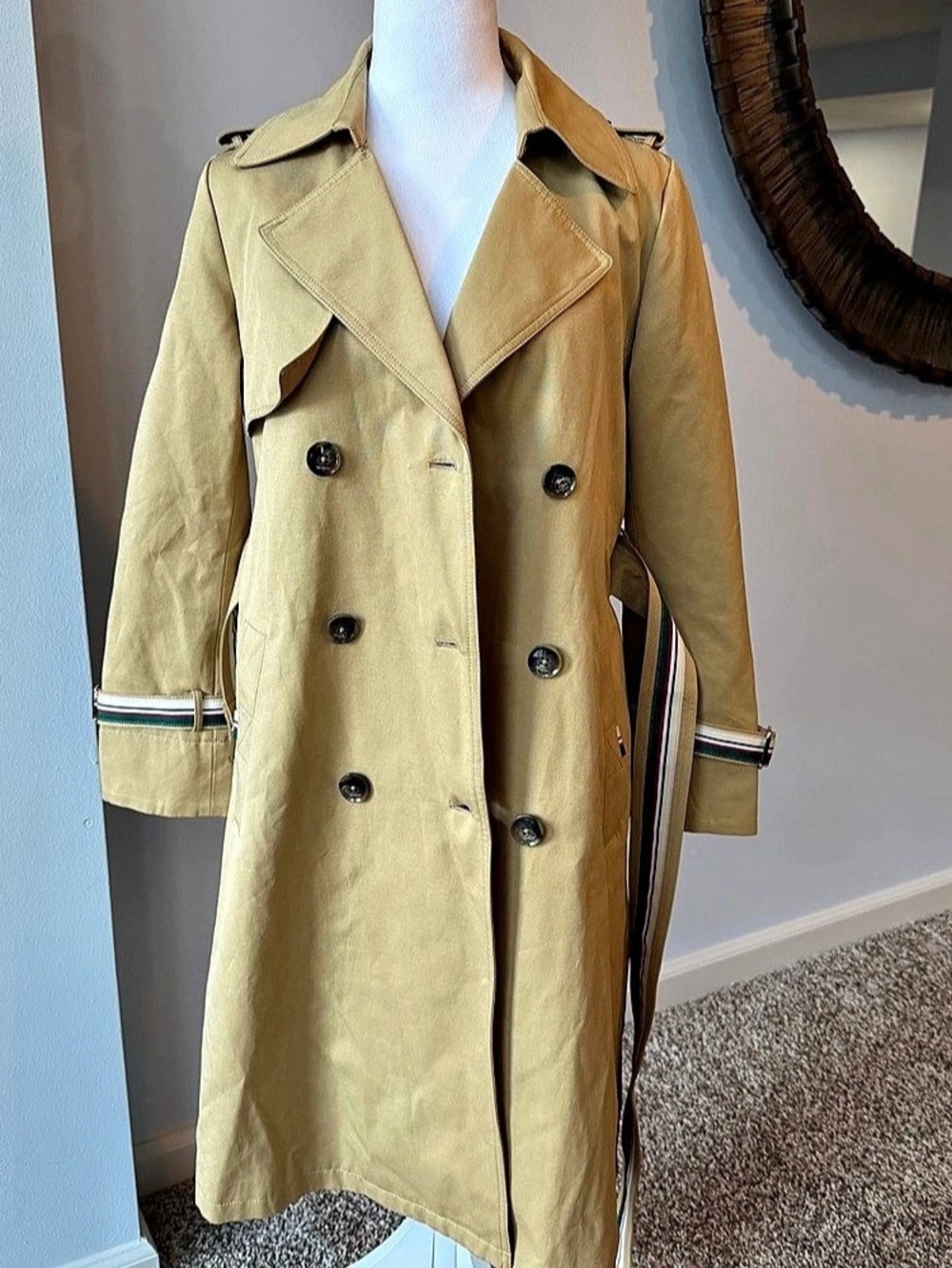 Preppy VanGuard Tan Trench Coat Green Red White Webbed Belt Size M